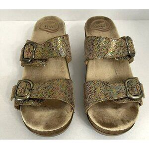 Dansko Womens Sandals 38 7.5-8 Gold Iridescent Leather Comfort Wedge Slide Clogs